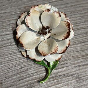 Vintage Magnolia Brooch Enamel Painted Flower Pin White Brown Green Stem Large